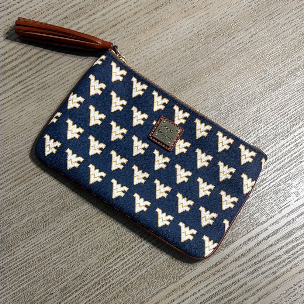 Dooney & Bourke WV Navy and Cream Logo Print Zip Wristlet with Brown Tassel